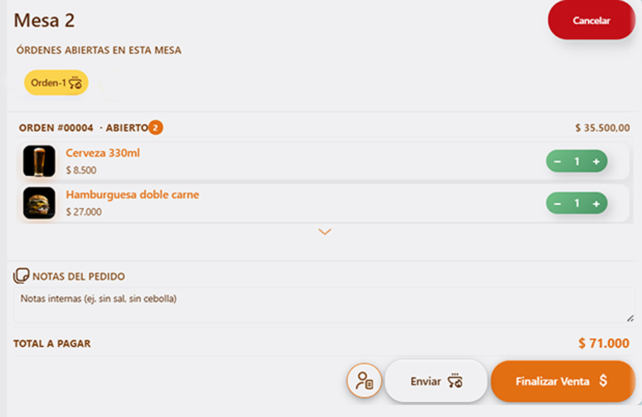 Armado de pedido con productos y notas